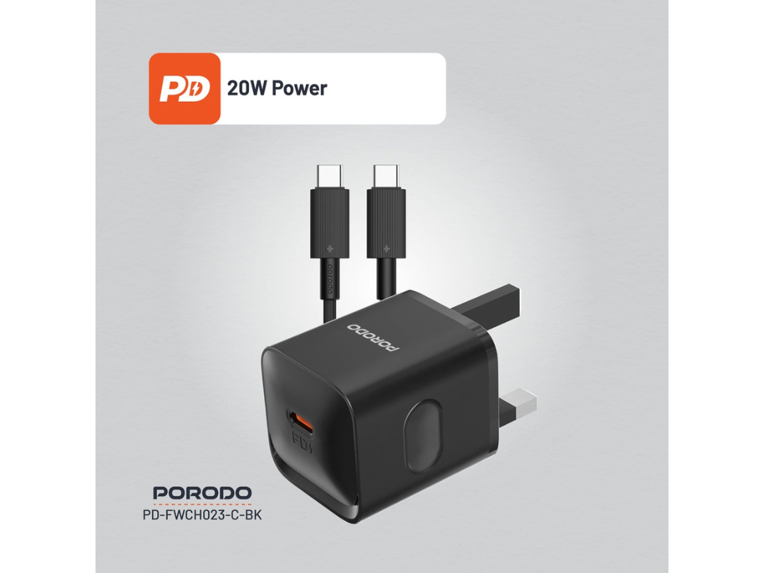 Porodo USB-C Power Delivery Wall Charger with Type-C Cable - Black Porodo USB-C Power Delivery Wall Charger with Type-C Cable - Black